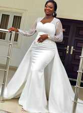 White Sweetheart Satin Mermaid Wedding Dress with Lace Appliques and Long Sleeves