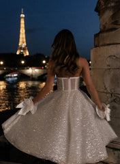 White Sweetheart Sequin A-Line Wedding Dress with Corset Bodice Back View