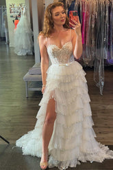 White Sweetheart Tulle A-Line Long Prom Dress with Slit