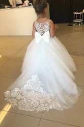 White Tulle Ball Gown Flower Girl Dress with Lace Appliques