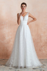 White V-Neck A-Line Wedding Dress with Lace Appliques and Pearls