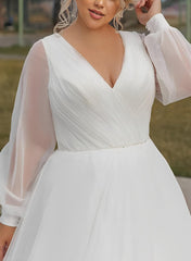 White V-Neck A-Line Wedding Dress with Long Sleeves Bodice Detail
