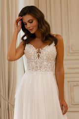 White V-Neck Chiffon A-Line Sweep Train Wedding Dress with Lace Appliques Bodice Detail