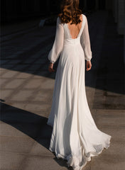 White V-Neck Chiffon A-Line Wedding Dress with Long Sleeves and Slit Back View