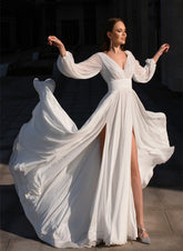 White V-Neck Chiffon A-Line Wedding Dress with Long Sleeves and Slit