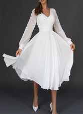 White V-Neck Chiffon A-Line Wedding Dress with Long Sleeves