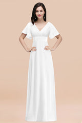 White V-Neck Chiffon Empire Long Bridesmaid Dress with Pleats