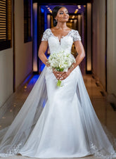 White V-Neck Mermaid Chapel Train Wedding Dress with Lace Appliques and Short Sleeves