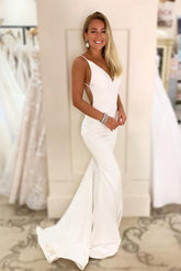 White V-Neck Mermaid Wedding Dress with Open Back
