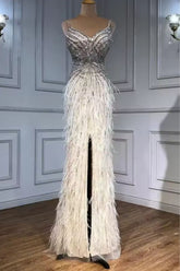 White V-Neck Sequin Sheath Long Prom Dress with Slit