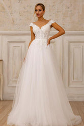 White V-Neck Tulle A-Line Sweep Train Wedding Dress with Lace Appliques and Cap Sleeves