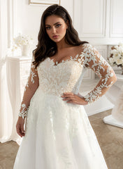 White V-Neck Tulle A-Line Sweep Train Wedding Dress with Lace Appliques and Long Sleeves Bodice Detail