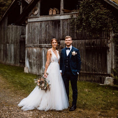 White V-Neck Tulle A-Line Wedding Dress with Lace Appliques Group