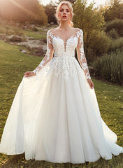 White V-Neck Tulle A-Line Wedding Dress with Lace Appliques and Long Sleeves