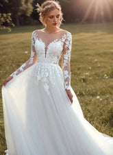 White V-Neck Tulle A-Line Wedding Dress with Lace Appliques and Long Sleeves