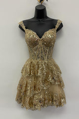 Sparkly Golden A-Line Tiered Lace Short Homecoming Prom Dress