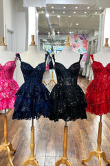 Sparkly Blue Corset Tiered Lace A-Line Homecoming Prom Dress