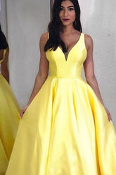 Yellow Deep V-Neck Satin A-Line Long Prom Dress