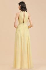 Yellow Halter Chiffon A-Line Long Bridesmaid Dress with Slit Back View