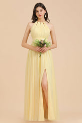 Yellow Halter Chiffon A-Line Long Bridesmaid Dress with Slit