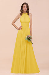 Yellow High Neck Chiffon A-Line Long Bridesmaid Dress