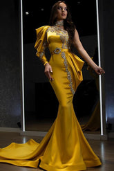Yellow High Neck Satin Mermaid Long Evening Dress with Long Sleeves