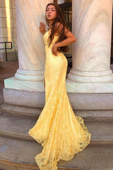 Yellow Lace Mermaid Long Prom Dress with Slit