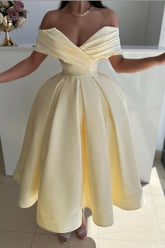 Yellow Off The Shoulder Satin A-Line Prom Dress with Pleats
