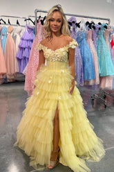 Yellow Off The Shoulder Tulle A-Line Long Prom Dress with Slit