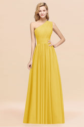 Yellow One Shoulder Chiffon A-Line Long Bridesmaid Dress