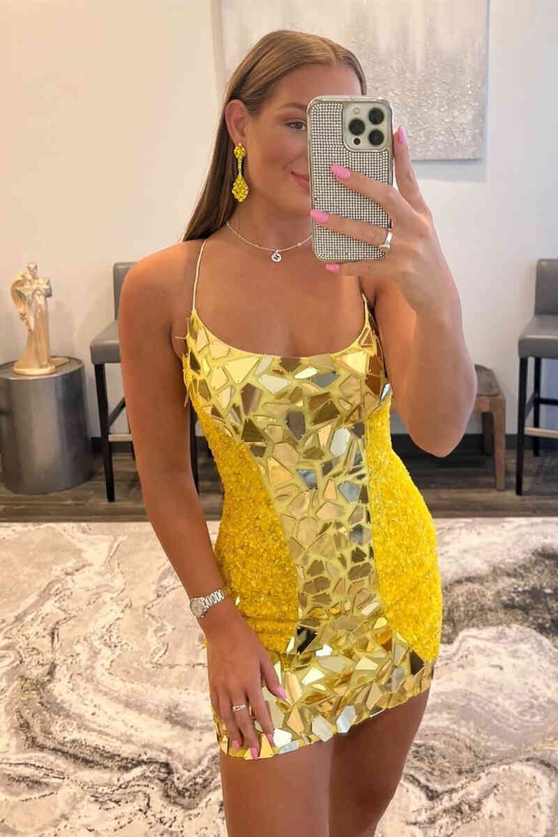 Yellow Scoop Neck Sequin Bodycon Homecoming Dress