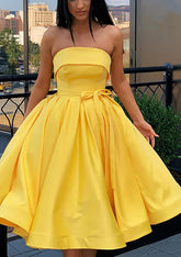 Yellow Strapless Satin A-Line Homecoming Dress with Bow