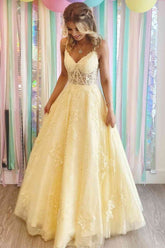 Yellow V-Neck A-Line Long Prom Dress with Lace Appliques