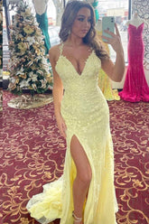 Yellow V-Neck Sheath Long Prom Dress with Lace Appliques and Slit