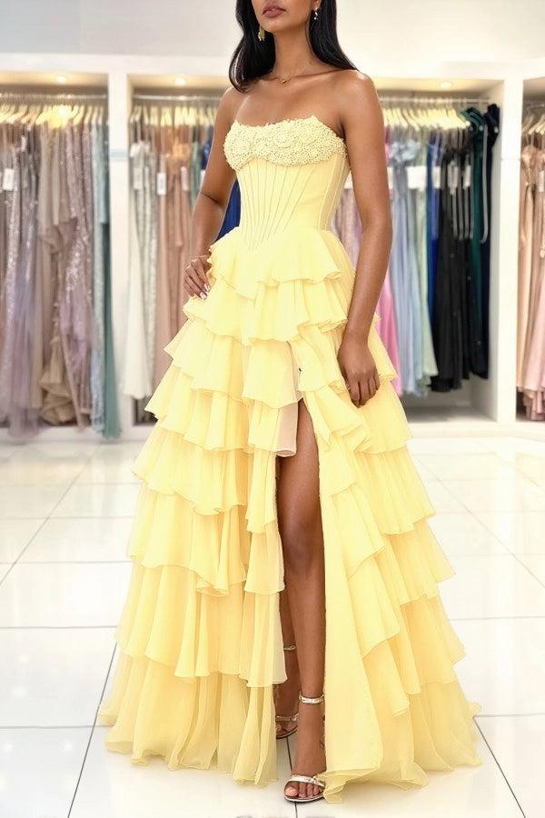27Dress Yellow Strapless A Line High-slit Prom Dress with Ruffles