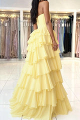 27Dress Yellow Strapless A Line High-slit Prom Dress with Ruffles