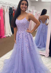 A-line Bateau Court Train Tulle Glitter Prom Dress With Appliqued Beading-27dress