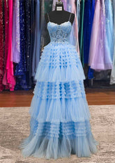 A-line Bateau Sleeveless Prom Dress with Appliqued Beading Ruffles and Tulle Long/Floor-Length Skirt-27dress