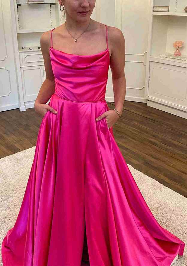 A-line Cowl Neck Spaghetti Straps Sweep Train Charmeuse Prom Dress With Split Pockets Pleated-27dress