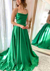 A-line Cowl Neck Spaghetti Straps Sweep Train Charmeuse Prom Dress With Split Pockets Pleated-27dress