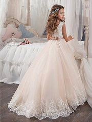 A-Line Crew Neck Sweep Brush Train Satin Tulle Flower Girl Dresses-27dress