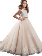 A-Line Crew Neck Sweep Brush Train Satin Tulle Flower Girl Dresses-27dress