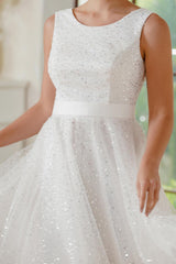 A-Line Crew Tulle Sleeveless Short Sequined Prom Dresses-27dress
