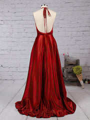 A-line Floor-length Halter Silk-like Satin Split Front Prom Dresses