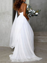 A-line Halter Chiffon Wedding Dresses With Split Front and Sweep Train