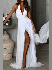 A-line Halter Chiffon Wedding Dresses With Split Front and Sweep Train