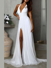 A-line Halter Chiffon Wedding Dresses With Split Front and Sweep Train