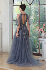 A-line Halter Tulle Long Prom Dresses with Lace Applique and Beaded-27dress