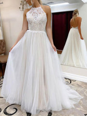 A-Line Halter Tulle Sweep Train Wedding Dress with Lace
