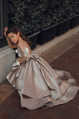 A-line High Low Satin See-through Back Lace Appliques Bow Flower Girl Dress-27Dress